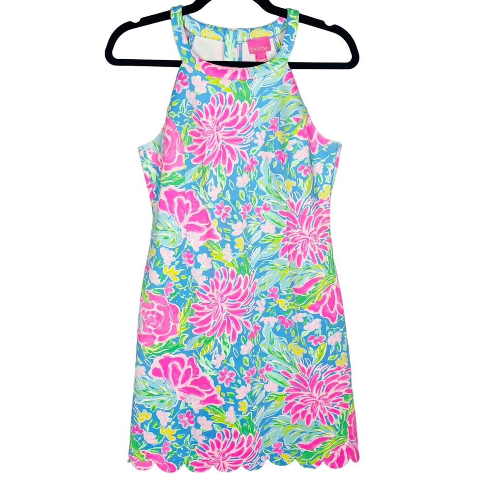 Lilly Pulitzer Girls 16 Zanzibar Blue Sophelia Print Halter Shift Dress Scallop